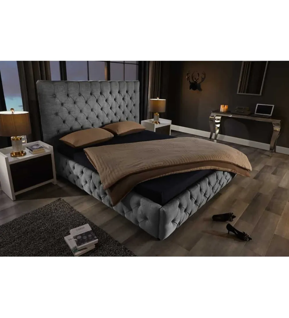 Łóżko tapicerowane PARIS CHESTERFIELD 180 cm x 200 cm Szare lniane