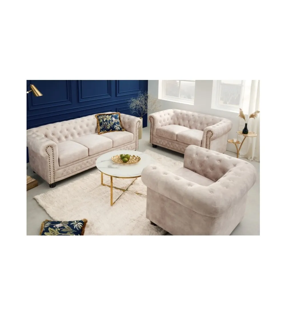 Sofa trzyosobowa ROCHESTER Chesterfield 200 cm beżowa