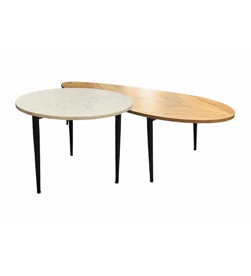 Stolik kawowy LINDO set 2 drewno akacja marmur