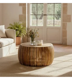 Stolik kawowy MURPI 75 cm drewno mango rattan