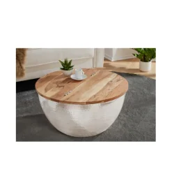 Stolik Kawowy Storage Orient 60 Cm srebrny Z Blatem drewna akacji
