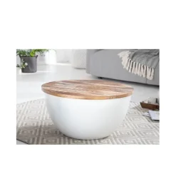 Stolik kawowy WHITE 60 cm biały z blatem z drewna Mango