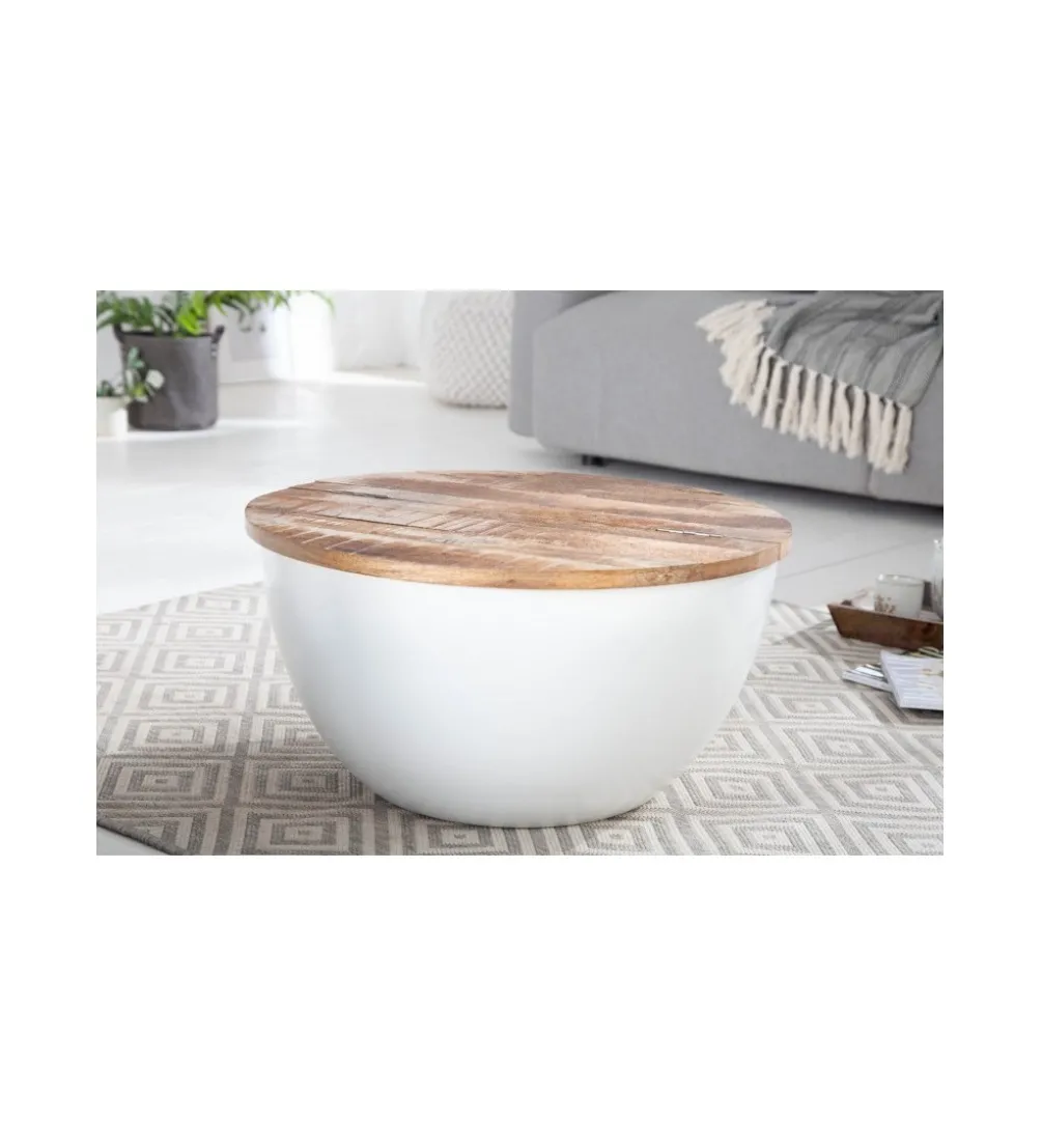 Stolik kawowy WHITE 60 cm biały z blatem z drewna Mango