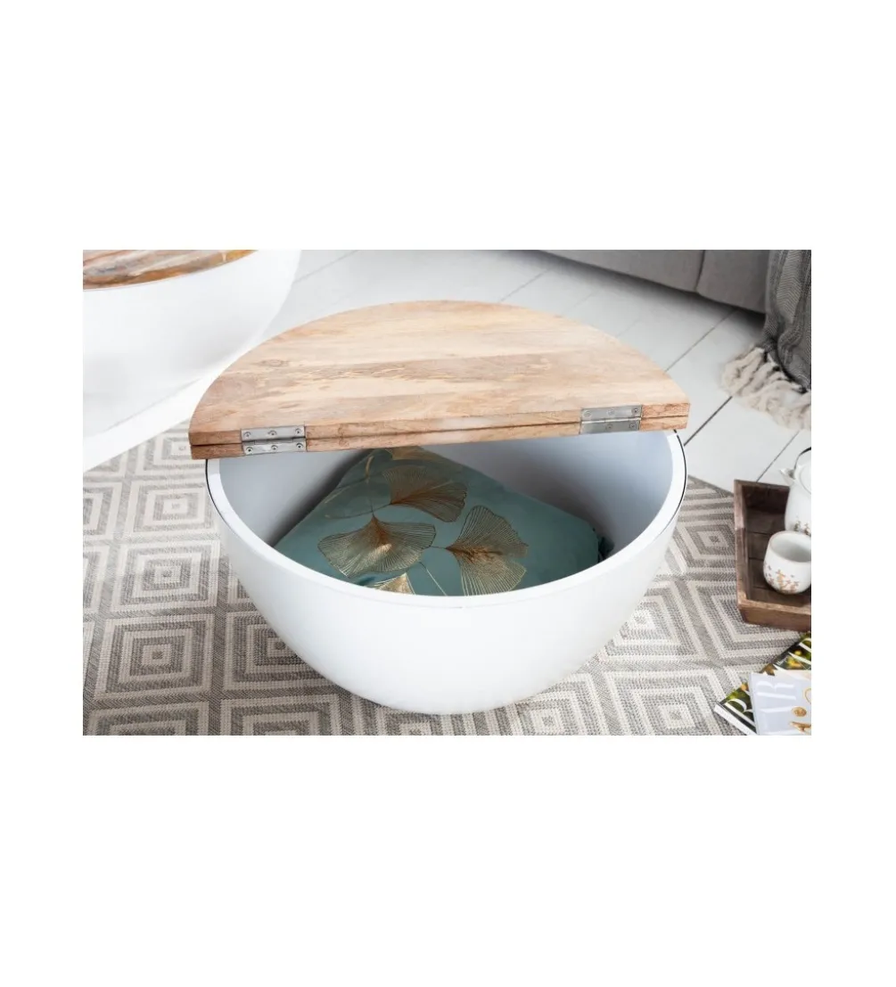 Stolik kawowy WHITE 60 cm biały z blatem z drewna Mango