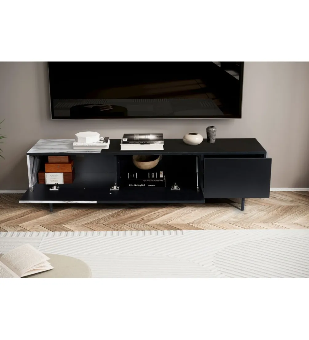 Stolik pod TV BONNA 150 cm czarna z optyką białego marmuru