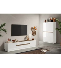 Stolik pod TV FANTASY 205 cm biały z dodatkiem koloru dąb Mercure