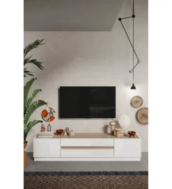 Stolik pod TV FANTASY 205 cm biały z dodatkiem koloru dąb Cadiz