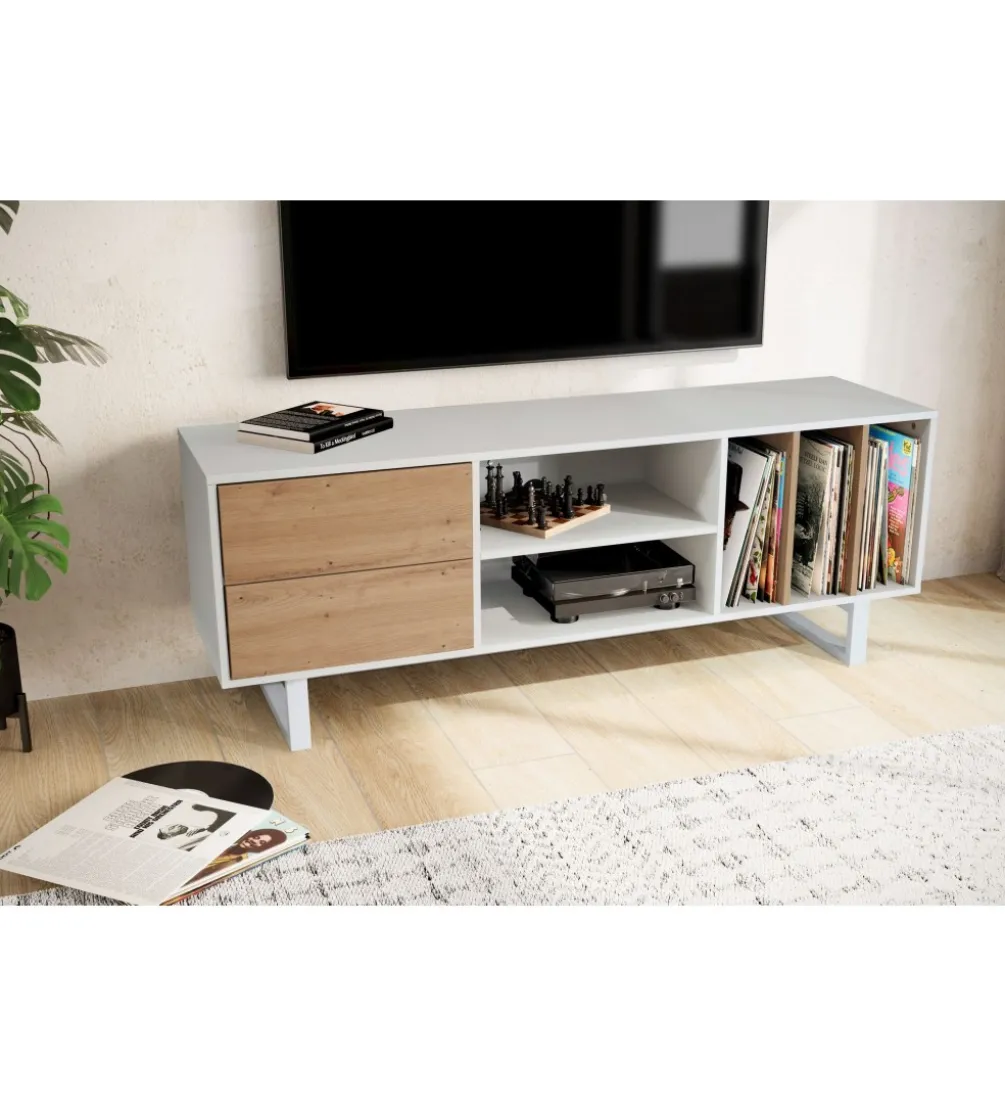 Stolik pod TV GRASSE 150 cm biały z dodatkiem koloru dębowego