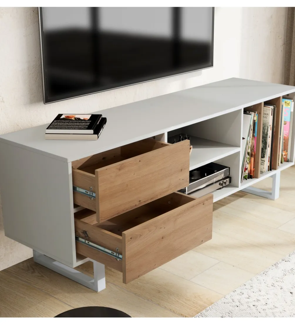Stolik pod TV GRASSE 150 cm biały z dodatkiem koloru dębowego