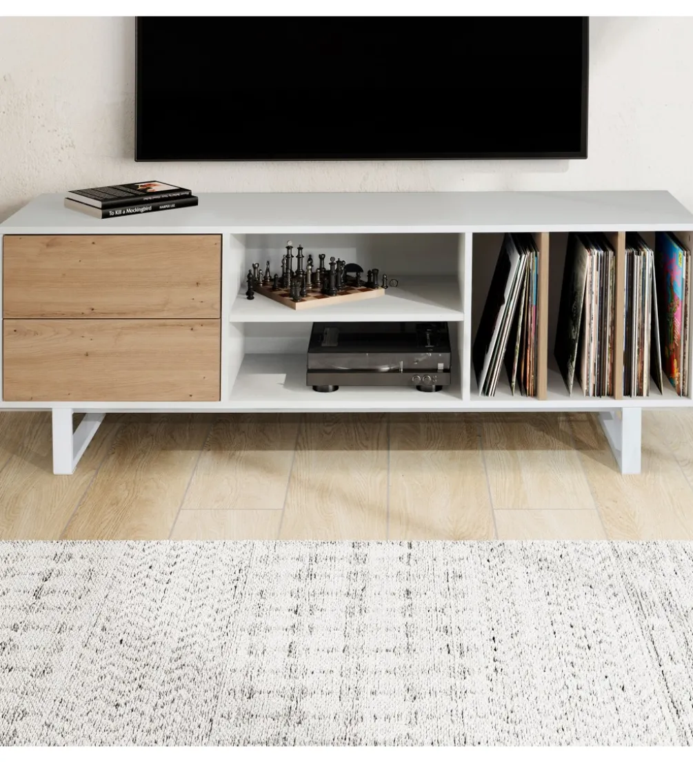 Stolik pod TV GRASSE 150 cm biały z dodatkiem koloru dębowego