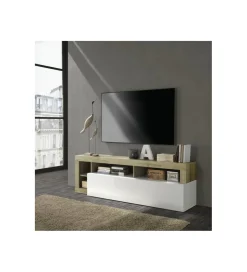 Stolik pod TV HAMBURG 184 cm biały z dodatkiem Koloru Dąb Cadiz