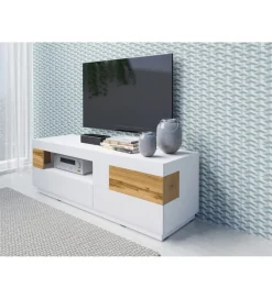 Stolik pod TV SILKE 160 cm biały z dodatkiem koloru Dąb Wotan