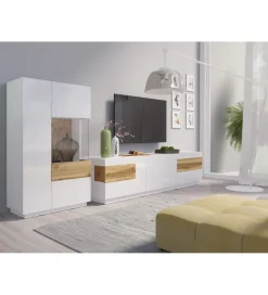 Stolik pod TV SILKE 206 cm biały z dodatkiem koloru dąb Wotan