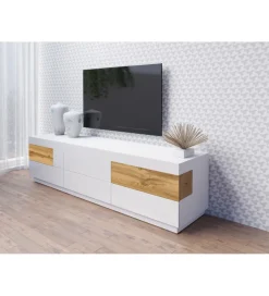 Stolik pod TV SILKE 206 cm biały z dodatkiem koloru dąb Wotan
