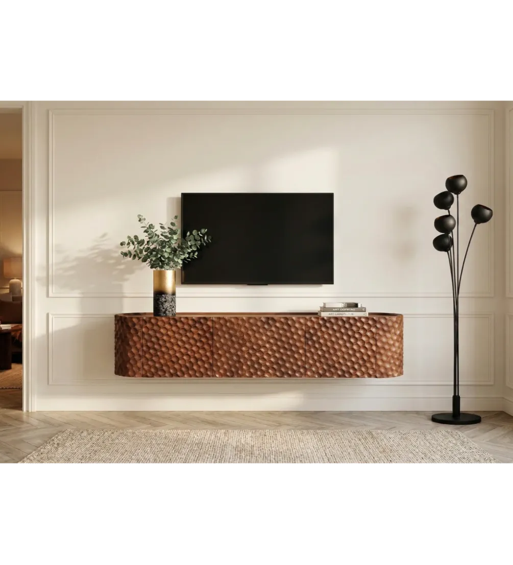Stolik pod TV wiszący ADLON 160 cm drewno mango wzór 3D