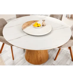 Stół UNIQUE 120 cm drewno dębowe blat ceramika w optyce białego marmuru