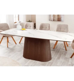 Stół UNIQUE 200 cm drewno orzechowe blat ceramika w optyce białego marmuru