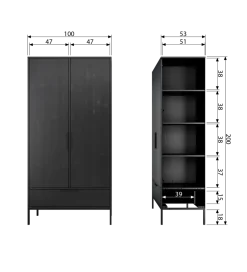 Szafa ADAM 200 cm drewno sosny czarna
