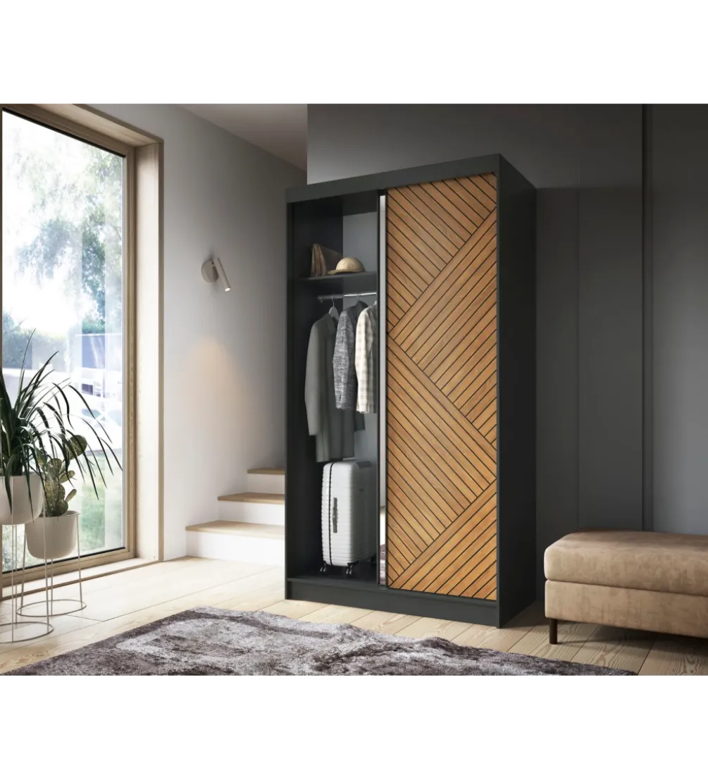 Szafa przesuwna Marrphy II 120 cm z lustrem czarny/dąb caramel