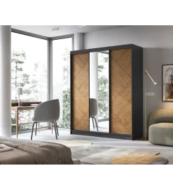 Szafa przesuwna Marrphy III z lustrem 180 cm czarny/dąb caramel