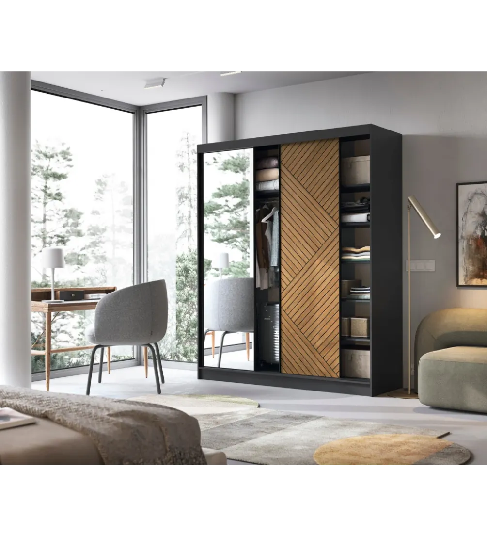 Szafa przesuwna Marrphy III z lustrem 180 cm czarny/dąb caramel